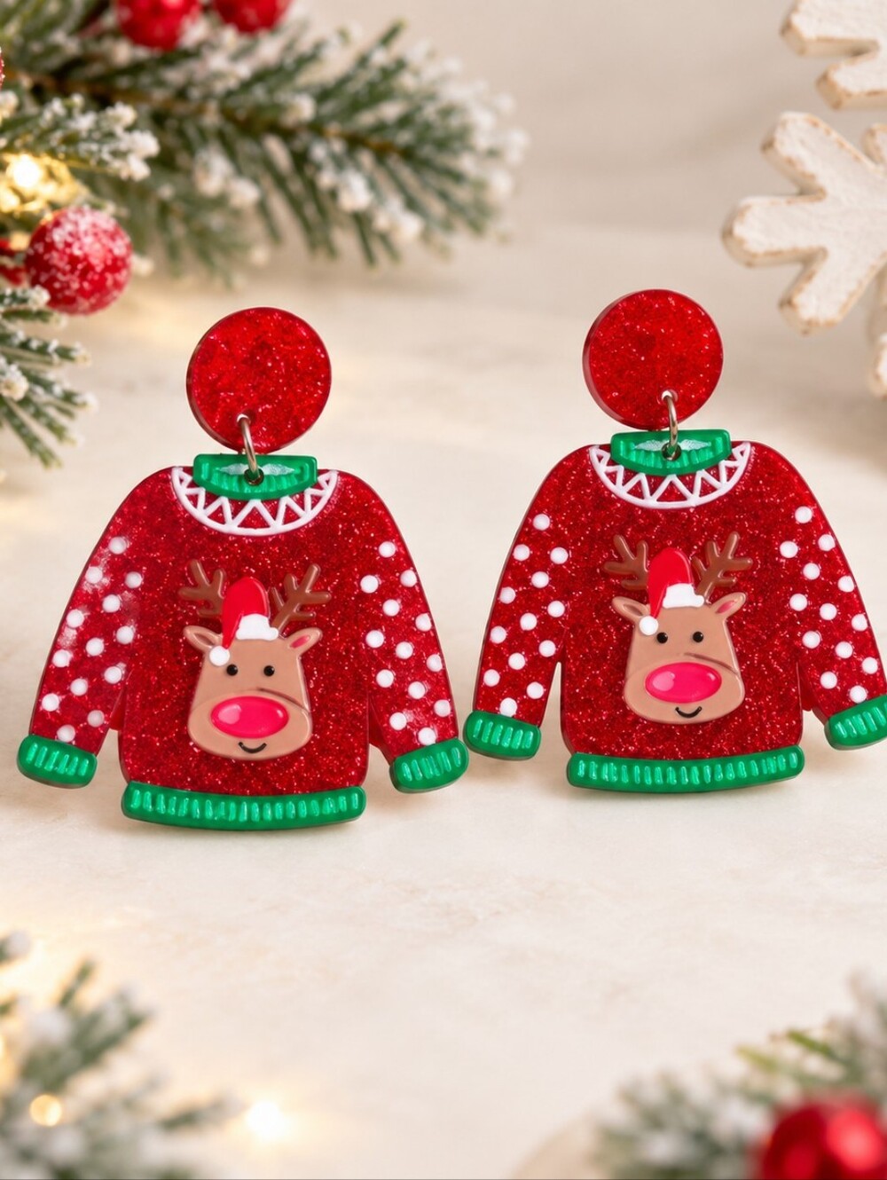 Ugly Christmas Sweater Earrings Reindeer Rudolph Acrylic Dangle Holiday Festive